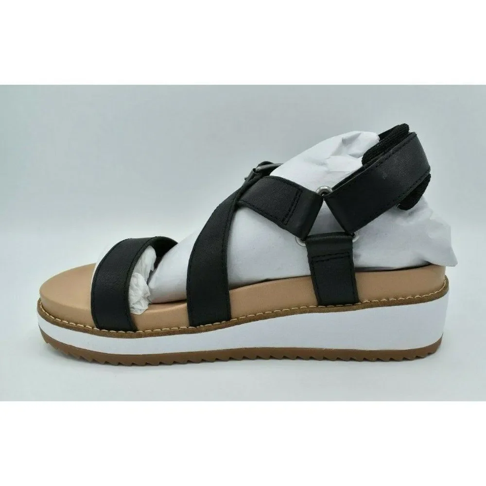 Lucky Brand Women Size 9.5 Idenia Wedge Strappy Black Saddle Leather Sandal Shoe